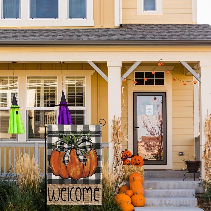 ONFAON Fall Decorations for Home, Fall Welcome Garden Flag Pumpkin Double Sided Decorative Flag，Autumn Thanksgiving Holiday Harvest Buffalo Plaid Yard Outdoor Decoration 12x18 Inch HYQ03 - Image 4